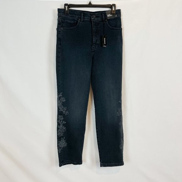 Express Jeans 6 Black Denim Floral Embroidered Mom Jean Super High Rise - Picture 1 of 11